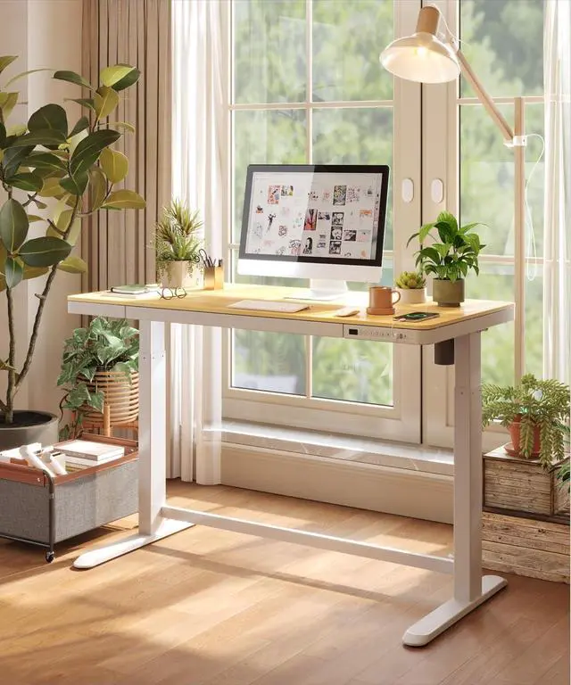 Alt view image 5 of 7 - Standing Desk with Drawer, Electric Height Adjustable Home Office Desk with Storage & USB Ports, 48 inch Bamboo Texture Tabletop/White Frame