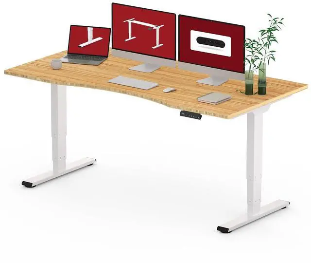 Main image of Standing Desk 3 Stages Dual Motor 60 inch Whole-Piece Real Bamboo Desktop Height Adjustable Desk for Home Office Stand Up (White Frame/ 60" Curved Natural Bamboo Top)