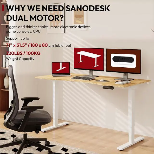 Alt view image 2 of 7 - Standing Desk 3 Stages Dual Motor 60 inch Whole-Piece Real Bamboo Desktop Height Adjustable Desk for Home Office Stand Up (White Frame/ 60" Curved Natural Bamboo Top)