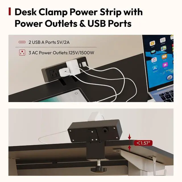 Alt view image 4 of 7 - Electric Standing Desk with Desk Clamp Power Strip 55"x 28" Whole-Piece Desktop Height Adjustable Stand Up Desk with Cable Management Sit Stand Home Office Desk Silver Frame/Black Top