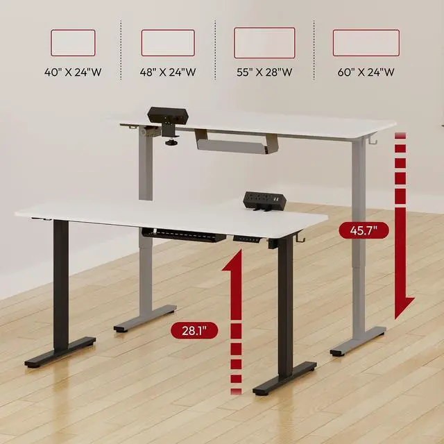 Alt view image 2 of 7 - Electric Standing Desk with Desk Clamp Power Strip 55"x 28" Whole-Piece Desktop Height Adjustable Stand Up with Cable Management Sit Stand Home Office Desk Silver Frame/White Top