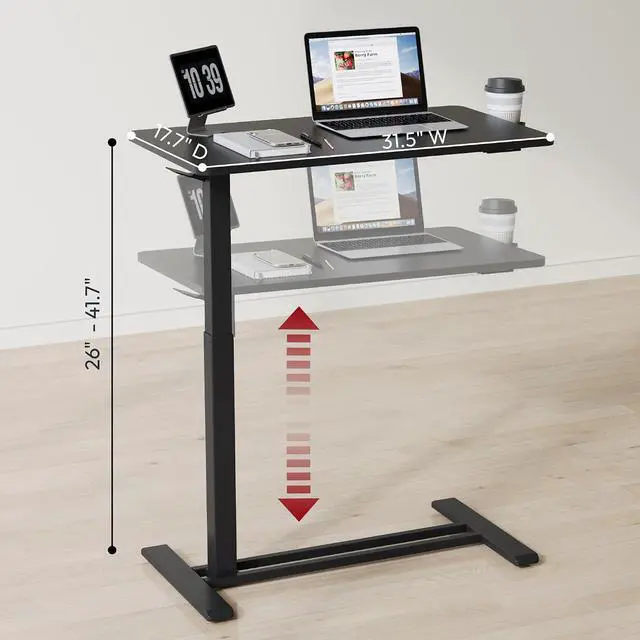 Alt view image 2 of 7 - Mobile Standing Desk with Hidden Wheels,Pneumatic Laptop Desk Rolling Computer Cart Movable Height Adjustable Small Sit Stand Desk for Home Office(31.5" W x 17.7" D, Black)
