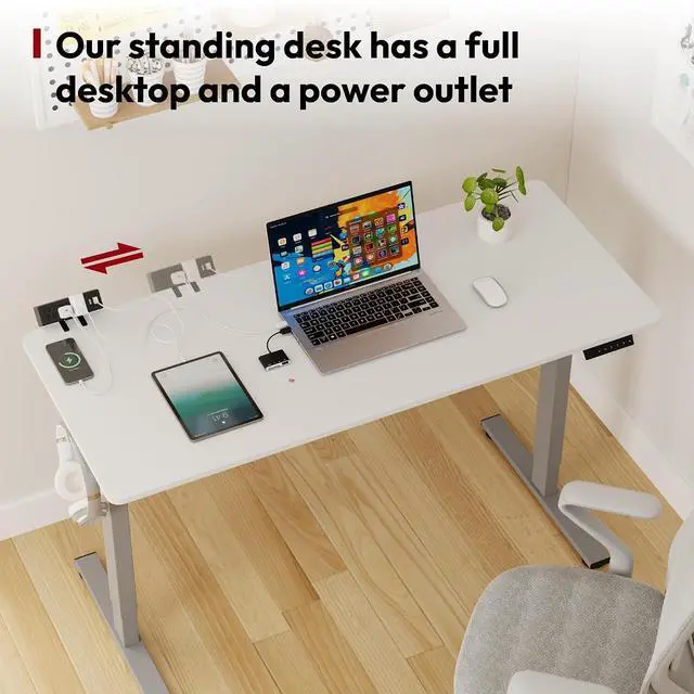 Alt view image 3 of 7 - Electric Standing Desk with Desk Clamp Power Strip 48"x 30" Whole-Piece Desktop Height Adjustable Stand Up Desk with Cable Management Sit Stand Home Office Desk Silver Frame/White Top