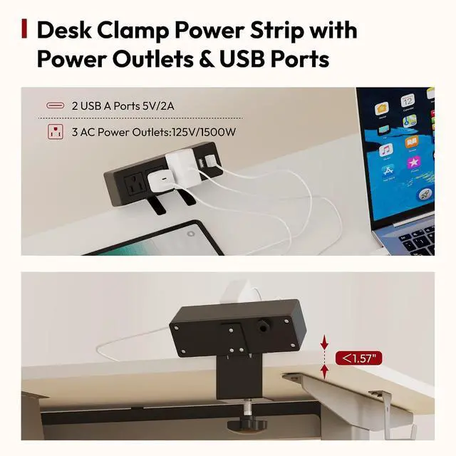 Alt view image 4 of 7 - Electric Standing Desk with Desk Clamp Power Strip 48"x 30" Whole-Piece Desktop Height Adjustable Stand Up Desk with Cable Management Sit Stand Home Office Desk Silver Frame/White Top
