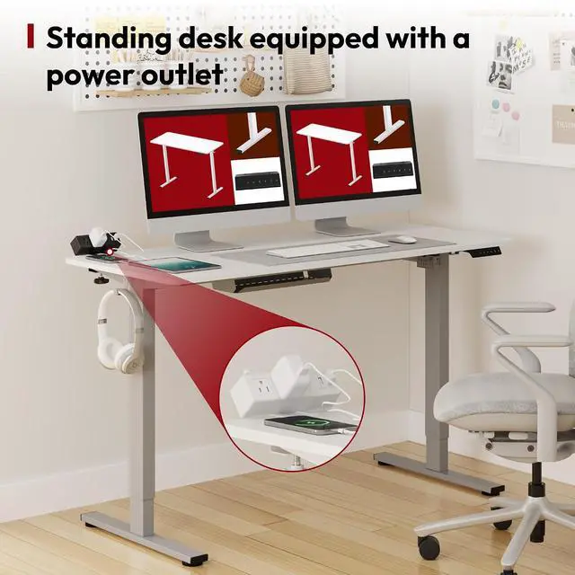 Alt view image 3 of 7 - Electric Standing Desk with Desk Clamp Power Strip 55"x 28" Whole-Piece Desktop Height Adjustable Stand Up with Cable Management Sit Stand Home Office Desk Silver Frame/White Top
