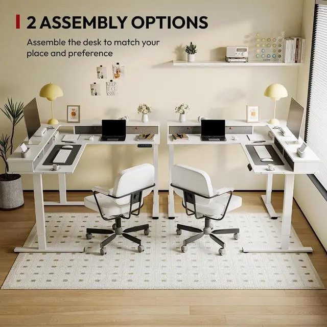 Alt view image 7 of 7 - 71" L Shaped Standing Desk with 4 Drawers, Height Adjustable Stand up Desk, Corner Gaming Desk with Monitor Stand, White Frame/White Top