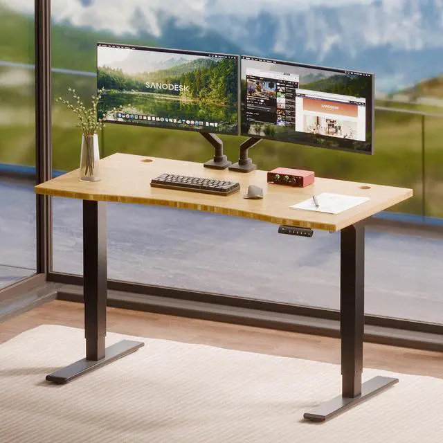 Main image of Solid Bamboo 3-Stage Dual Motor Standing Desk 48×24 One-Piece Top, Holds 220 lbs, Spacious Ergonomic Sit Stand Desk with Memory Presets for Home Office, Black Frame/Natural Curved Bamboo