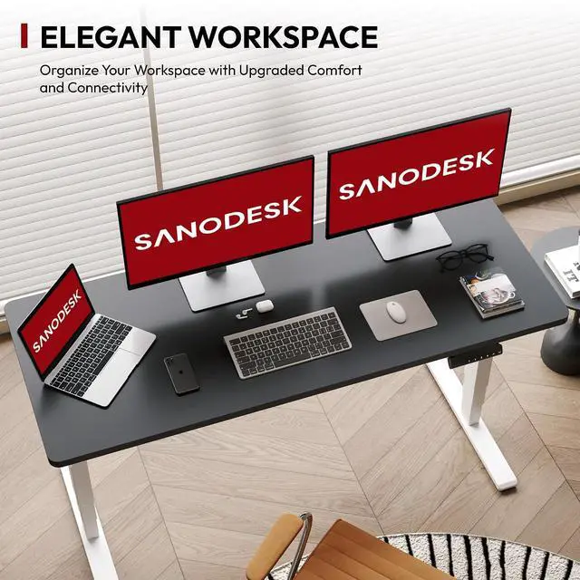 Alt view image 5 of 7 - Standing Desk with Dual Motor, 3-Stage Lifting Column, Handset with 3 Preset and Sit-Stand Reminder - 60 inch One-Piece Black Desk/White Frame, Height Adjustable Desk for Home and Office