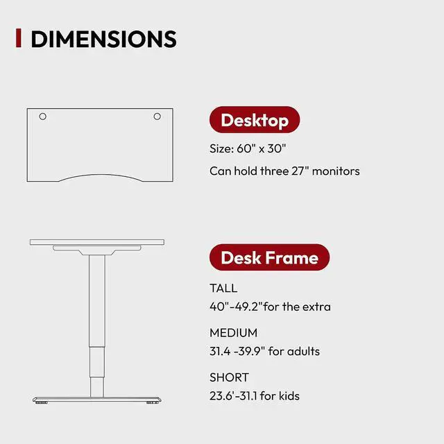 Alt view image 7 of 7 - Standing Desk 3 Stages Dual Motor 60 inch Whole-Piece Real Bamboo Desktop Height Adjustable Desk for Home Office Stand Up (White Frame/ 60" Curved Natural Bamboo Top)