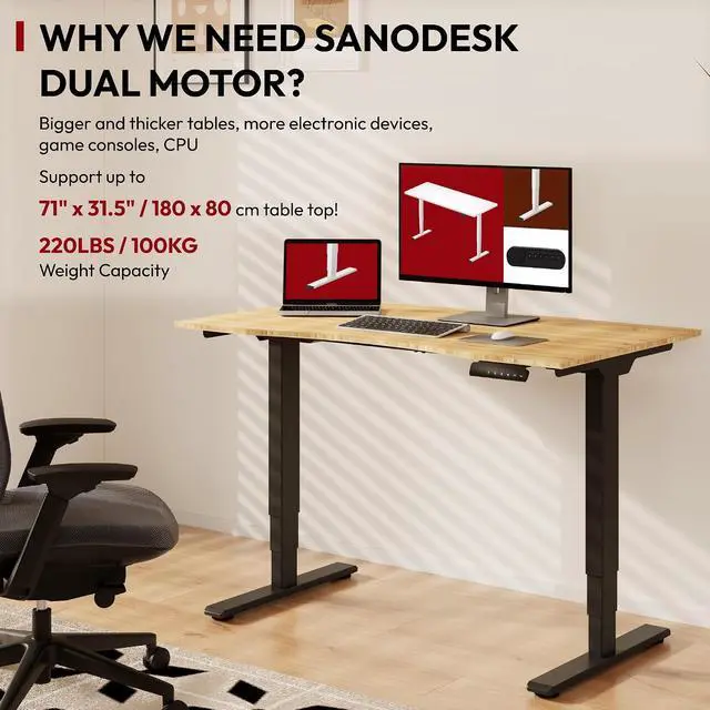 Alt view image 2 of 7 - Height Adjustable Standing Desk 3 Stages Dual Motor Stand Up 48 Whole-Piece Bamboo Desktop Computer Desk, Electric Sit-Stand for Home Office(Black Frame/ 48 x 24 Curved Natural Bamboo Top)