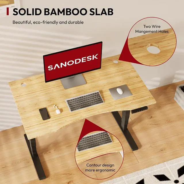 Alt view image 3 of 7 - Height Adjustable Standing Desk 3 Stages Dual Motor Stand Up 48 Whole-Piece Bamboo Desktop Computer Desk, Electric Sit-Stand for Home Office(Black Frame/ 48 x 24 Curved Natural Bamboo Top)