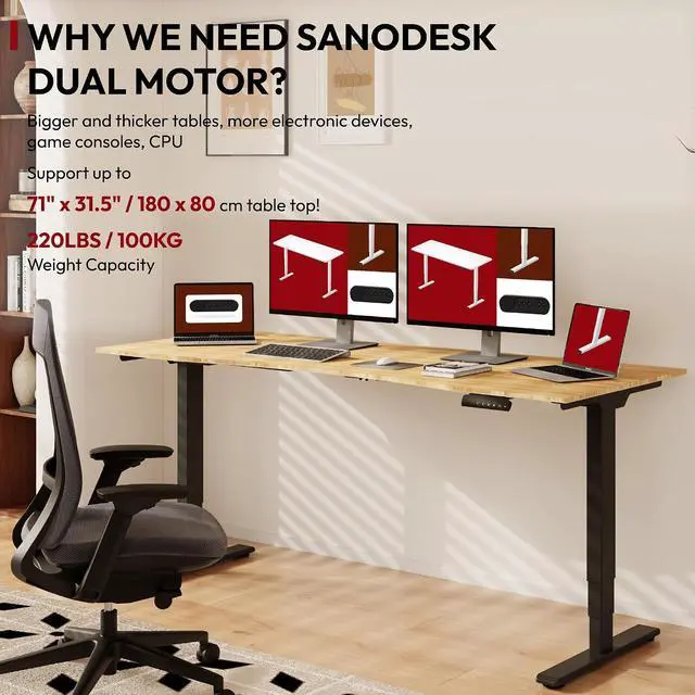 Alt view image 3 of 7 - Standing Desk 3 Stages Dual Motor 72 inch Whole-Piece Real Bamboo Desktop Height Adjustable Desk for Home Office Stand Up (Black Frame/ 72" Curved Natural Bamboo Top)