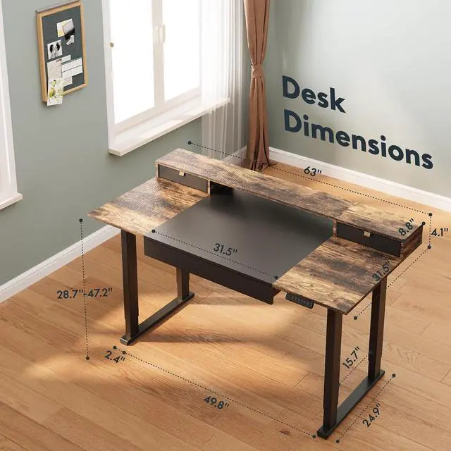 Alt view image 3 of 6 - Electric Standing Desk with Drawers, 63 x 32 inch Height Adjustable Computer Desk, Home Office Stand Up Desk with 3 Preset Heights, Black
