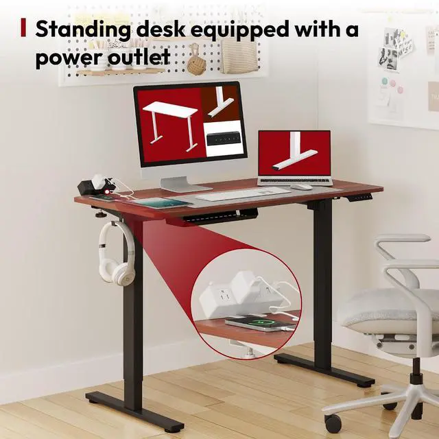 Alt view image 7 of 7 - Electric Standing Desk with Desk Clamp Power Strip 48"x 30" Whole-Piece Desktop Height Adjustable Stand Up Desk with Cable Management Sit Stand Home Office Desk Black Frame/Mahogany Top