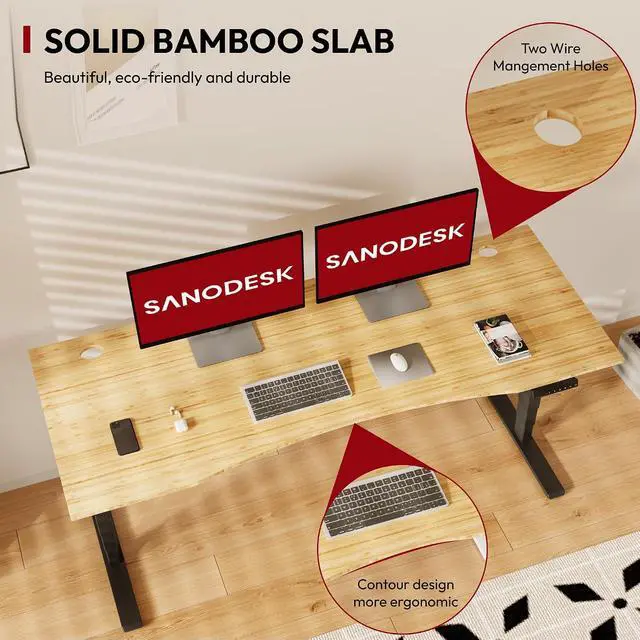 Alt view image 4 of 7 - Standing Desk 3 Stages Dual Motor 72 inch Whole-Piece Real Bamboo Desktop Height Adjustable Desk for Home Office Stand Up (Black Frame/ 72" Curved Natural Bamboo Top)
