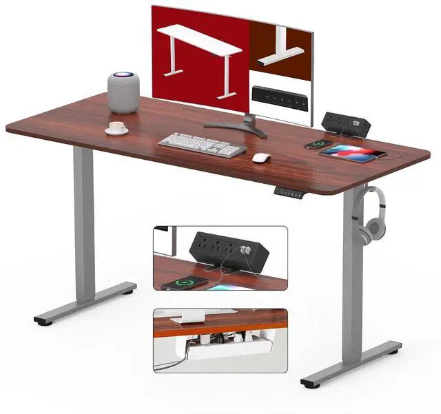 Main image of Electric Standing Desk with Desk Clamp Power Strip 48"x 30" Whole-Piece Desktop Height Adjustable Stand Up Desk with Cable Management Sit Stand Home Office Desk Silver Frame/Mahogany Top