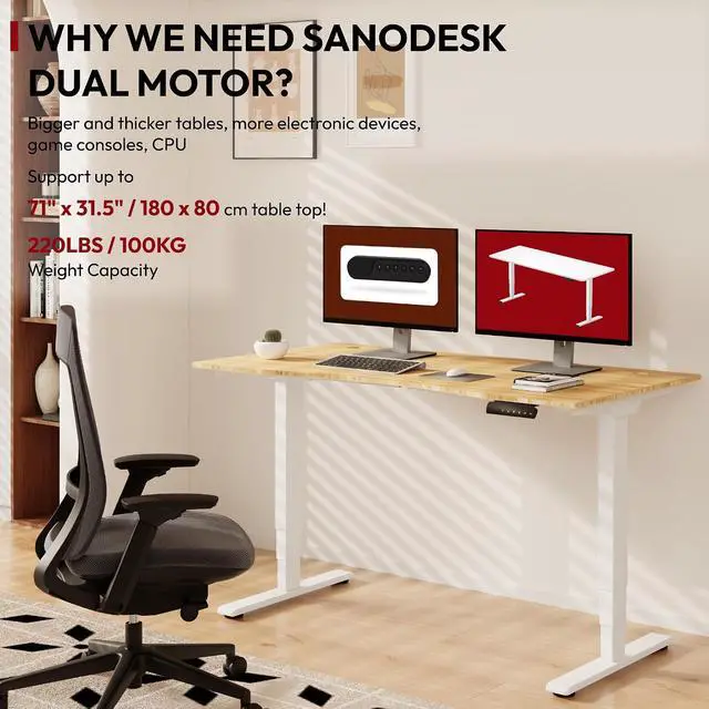 Alt view image 4 of 7 - 55 Inch 3 Stage Bamboo Electric Standing Desk, Dual Motor Height Adjustable Desk, Stable and Durable Sit to Stand Home Office Desk (White Frame/ 55 x 28 Curved Natural Bamboo Top)