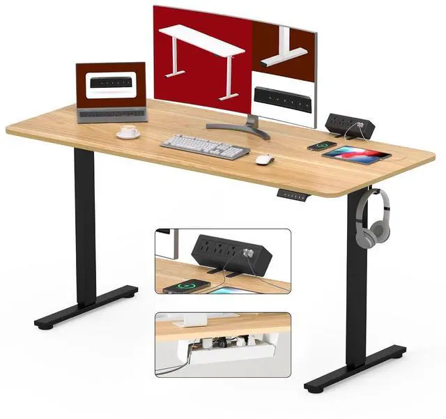 Main image of Electric Standing Desk with Desk Clamp Power Strip 55"x 28" Whole-Piece Desktop Height Adjustable Stand Up with Cable Management Sit Stand Home Office Desk Black Frame/Maple Top