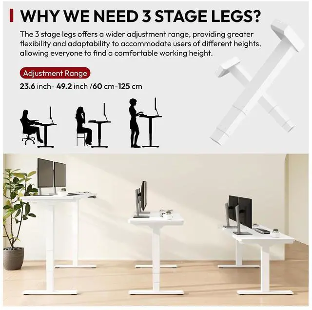 Alt view image 4 of 7 - 48" Electric Standing Desk,One-Piece Dual Motor Height Adjustable Desk, Stable and Durable 3-Stage Stand up Desk for Home Office (White Frame/48 x 30 Inch White top)