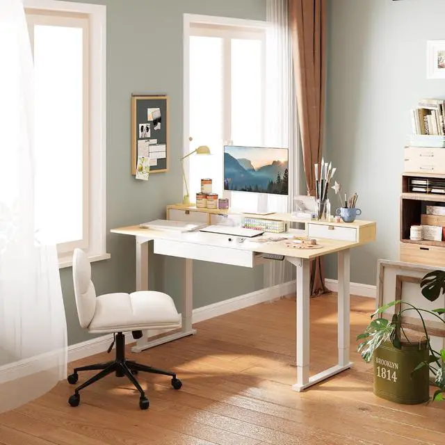 Alt view image 2 of 6 - Electric Standing Desk with Drawer, 71 x 32 inch Height Adjustable Computer Desk, Home Office Stand Up Desk with 4 Preset Heights, White