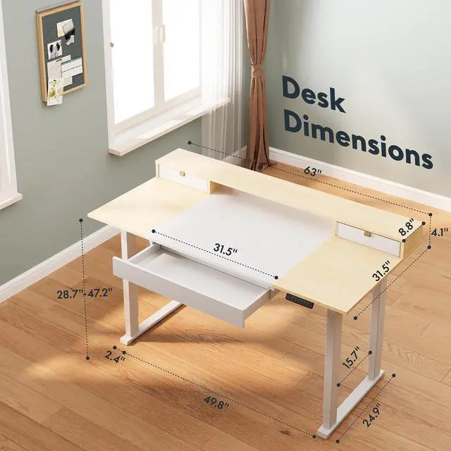 Alt view image 3 of 6 - Electric Standing Desk with Drawers, 63 x 32 inch Height Adjustable Computer Desk, Home Office Stand Up Desk with 3 Preset Heights, White