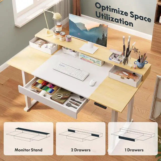 Alt view image 4 of 6 - Electric Standing Desk with Drawer, 71 x 32 inch Height Adjustable Computer Desk, Home Office Stand Up Desk with 4 Preset Heights, White