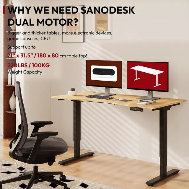 Alt view image 3 of 7 - 55 Inch 3 Stage Bamboo Electric Standing Desk, Dual Motor Height Adjustable, Stable and Durable Sit to Stand Home Office Desk (Black Frame/ 55' x 28' Curved Natural Bamboo Top)
