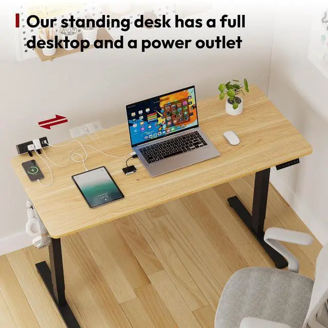 Alt view image 6 of 7 - Electric Standing Desk with Desk Clamp Power Strip 55"x 28" Whole-Piece Desktop Height Adjustable Stand Up with Cable Management Sit Stand Home Office Desk Black Frame/Maple Top
