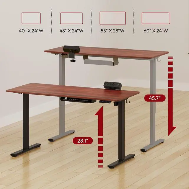 Alt view image 2 of 7 - Electric Standing Desk with Desk Clamp Power Strip 55"x 28" Whole-Piece Desktop Height Adjustable Stand Up Desk with Cable Management Sit Stand Home Office Desk Silver Frame/Mahogany Top