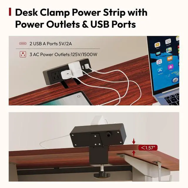Alt view image 4 of 7 - Electric Standing Desk with Desk Clamp Power Strip 55"x 28" Whole-Piece Desktop Height Adjustable Stand Up Desk with Cable Management Sit Stand Home Office Desk Silver Frame/Mahogany Top
