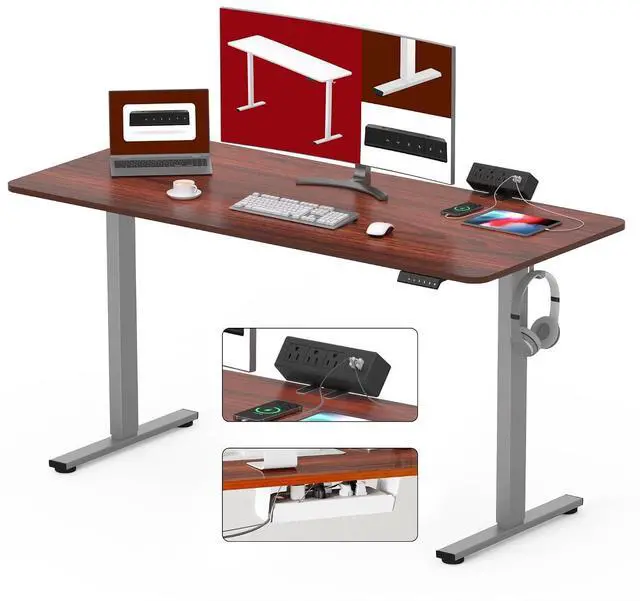 Main image of Electric Standing Desk with Desk Clamp Power Strip 55"x 28" Whole-Piece Desktop Height Adjustable Stand Up Desk with Cable Management Sit Stand Home Office Desk Silver Frame/Mahogany Top