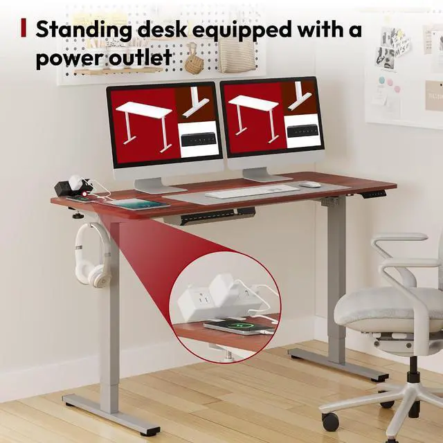 Alt view image 5 of 7 - Electric Standing Desk with Desk Clamp Power Strip 55"x 28" Whole-Piece Desktop Height Adjustable Stand Up Desk with Cable Management Sit Stand Home Office Desk Silver Frame/Mahogany Top