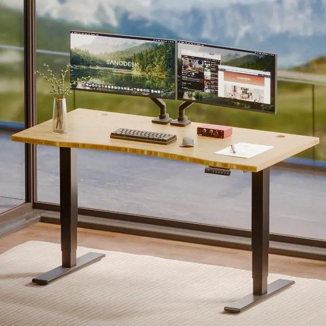 Main image of Solid Bamboo 3-Stage Dual Motor Standing Desk 55×28 One-Piece Top, Holds 220 lbs, Spacious Ergonomic Sit Stand Desk with Memory Presets for Home Office, Black Frame/Natural Curved Bamboo