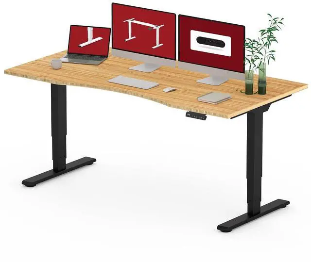 Main image of Standing Desk 3 Stages Dual Motor 60 inch Whole-Piece Real Bamboo Desktop Height Adjustable Desk for Home Office Stand Up (Black Frame/ 60" Curved Natural Bamboo Top)