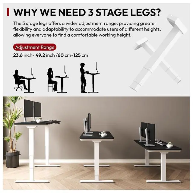 Alt view image 2 of 7 - Standing Desk with Dual Motor, 3-Stage Lifting Column, Handset with 3 Preset and Sit-Stand Reminder - 60 inch One-Piece Black Desk/White Frame, Height Adjustable Desk for Home and Office