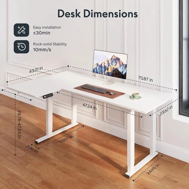 Alt view image 3 of 7 - 4-Leg L Shaped Standing Desk, Electric Height Adjustable Desk with Memory Presets for Home Office, Stand up Desk Computer Workstation, 78x43 Inches White