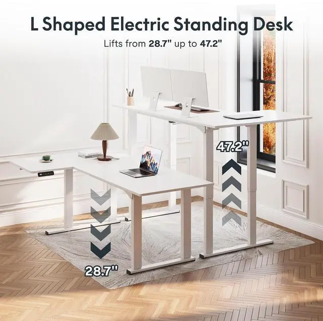 Alt view image 4 of 7 - 4-Leg L Shaped Standing Desk, Electric Height Adjustable Desk with Memory Presets for Home Office, Stand up Desk Computer Workstation, 78x43 Inches White