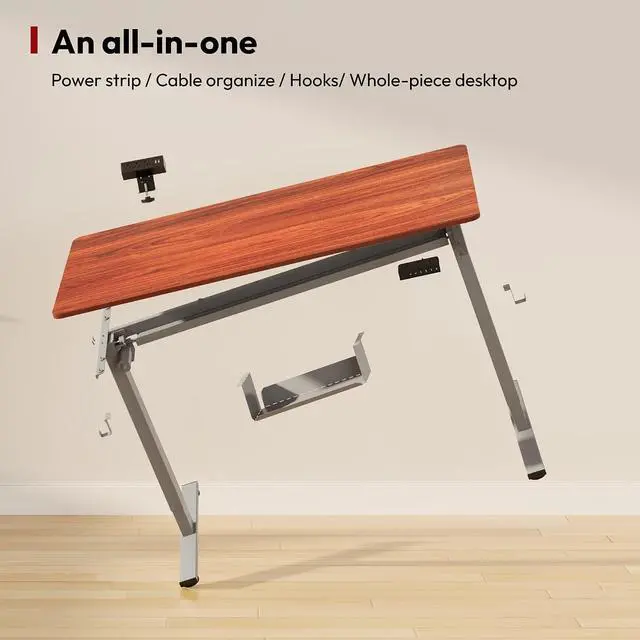 Alt view image 7 of 7 - Electric Standing Desk with Desk Clamp Power Strip 55"x 28" Whole-Piece Desktop Height Adjustable Stand Up Desk with Cable Management Sit Stand Home Office Desk Silver Frame/Mahogany Top