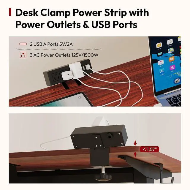 Alt view image 4 of 7 - Electric Standing Desk with Desk Clamp Power Strip 40"x 24" Whole-Piece Desktop Height Adjustable Stand Up Desk with Cable Management Sit Stand Home Office Desk Black Frame/Mahogany Top