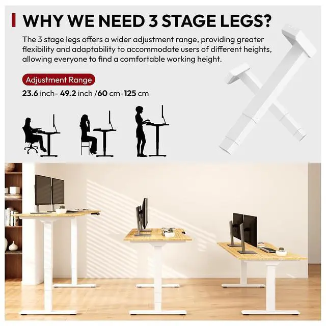 Alt view image 3 of 7 - 55 Inch 3 Stage Bamboo Electric Standing Desk, Dual Motor Height Adjustable Desk, Stable and Durable Sit to Stand Home Office Desk (White Frame/ 55 x 28 Curved Natural Bamboo Top)
