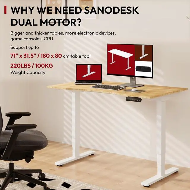 Alt view image 4 of 7 - Height Adjustable Standing Desk 3 Stages Dual Motor Stand Up 48 Whole-Piece Bamboo Desktop Computer Desk, Electric Sit-Stand Desk for Home Office(White Frame/ 48 x 24 Curved Natural Bamboo Top)