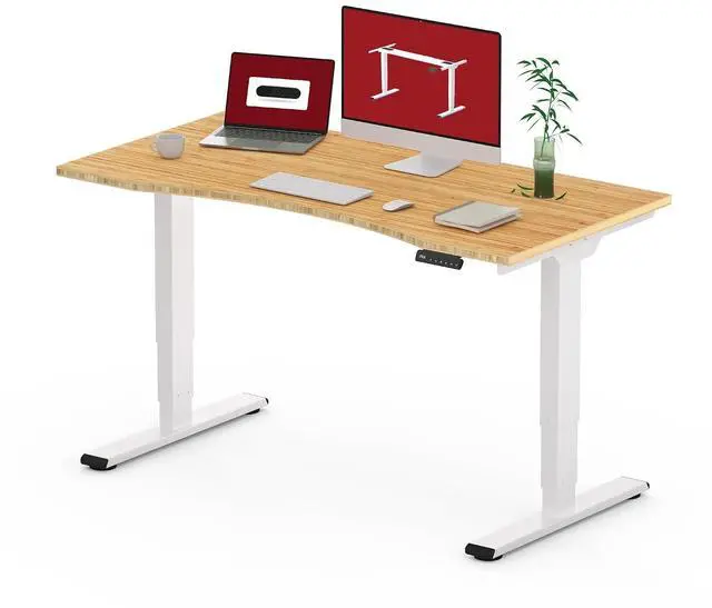 Main image of Height Adjustable Standing Desk 3 Stages Dual Motor Stand Up 48 Whole-Piece Bamboo Desktop Computer Desk, Electric Sit-Stand Desk for Home Office(White Frame/ 48 x 24 Curved Natural Bamboo Top)