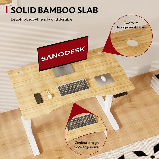 Alt view image 6 of 7 - Height Adjustable Standing Desk 3 Stages Dual Motor Stand Up 48 Whole-Piece Bamboo Desktop Computer Desk, Electric Sit-Stand Desk for Home Office(White Frame/ 48 x 24 Curved Natural Bamboo Top)