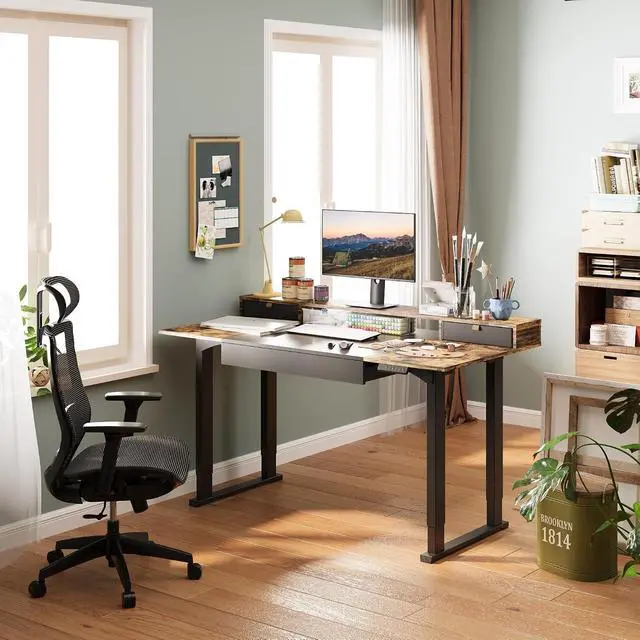 Alt view image 2 of 6 - Electric Standing Desk with Drawers, 63 x 32 inch Height Adjustable Computer Desk, Home Office Stand Up Desk with 3 Preset Heights, Black