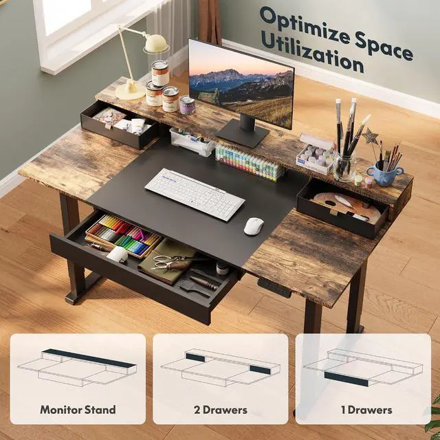 Alt view image 4 of 6 - Electric Standing Desk with Drawers, 63 x 32 inch Height Adjustable Computer Desk, Home Office Stand Up Desk with 3 Preset Heights, Black
