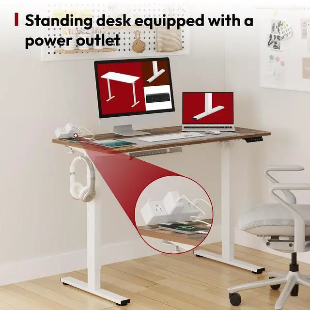 Alt view image 3 of 7 - Electric Standing Desk with Desk Clamp Power Strip 48"x 24" Whole-Piece Desktop Height Adjustable Stand Up with Cable Management Sit Stand Home Office White Frame/Rustic Brown Top