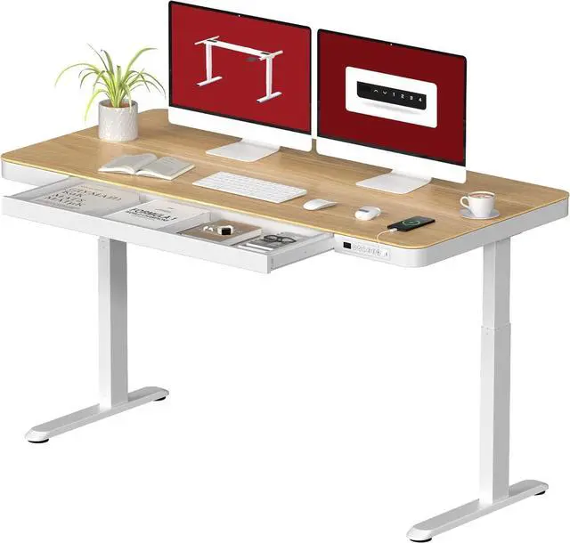 Main image of Standing Desk with Drawer, Electric Height Adjustable Home Office Desk with Storage & USB Ports, 55 inch Maple Wood Tabletop/White Frame