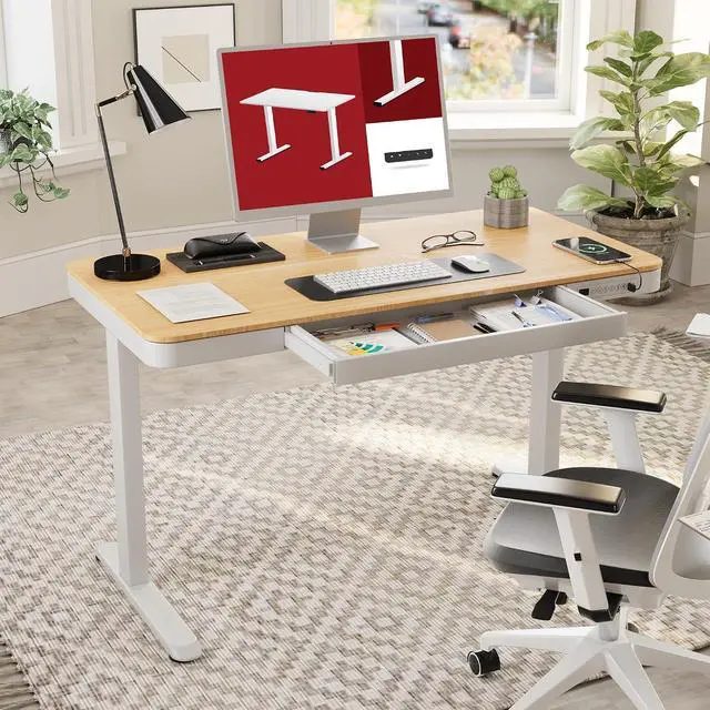 Alt view image 2 of 7 - Standing Desk with Drawer, Electric Height Adjustable Home Office Desk with Storage & USB Ports, 48 inch Maple Wood Tabletop/White Frame