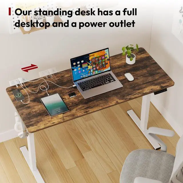 Alt view image 7 of 7 - Electric Standing Desk with Desk Clamp Power Strip 48"x 24" Whole-Piece Desktop Height Adjustable Stand Up with Cable Management Sit Stand Home Office White Frame/Rustic Brown Top