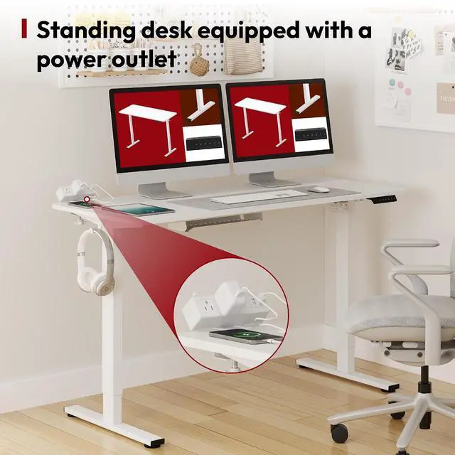 Alt view image 4 of 7 - Electric Standing Desk with Desk Clamp Power Strip 55"x 28" Whole-Piece Desktop Height Adjustable Stand Up Desk with Cable Management Sit Stand Home Office Desk White Frame/White Top
